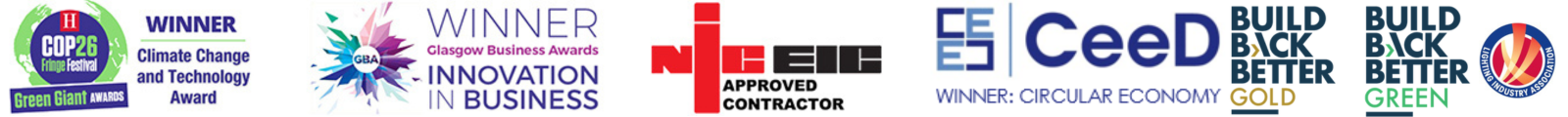 Accreditations: COP26 Green Giant, Glasgow Business Awards Innovation in Business, NICEIC Approved Contractor, CeeD Circular Economy Gold, Build Back Better Green